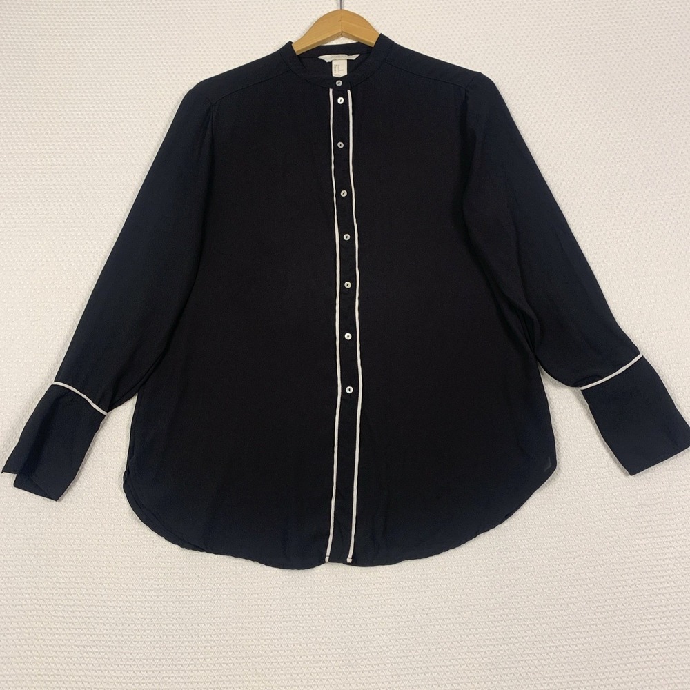 H&M Conscious Black Satin Blouse Womens Size 12 L Long Sleeve Button Down